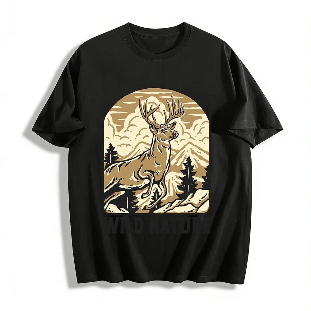 Wild Nature Vintage Buck Mountain Graphic Casual Tee Pure cotton T-shirt XXS