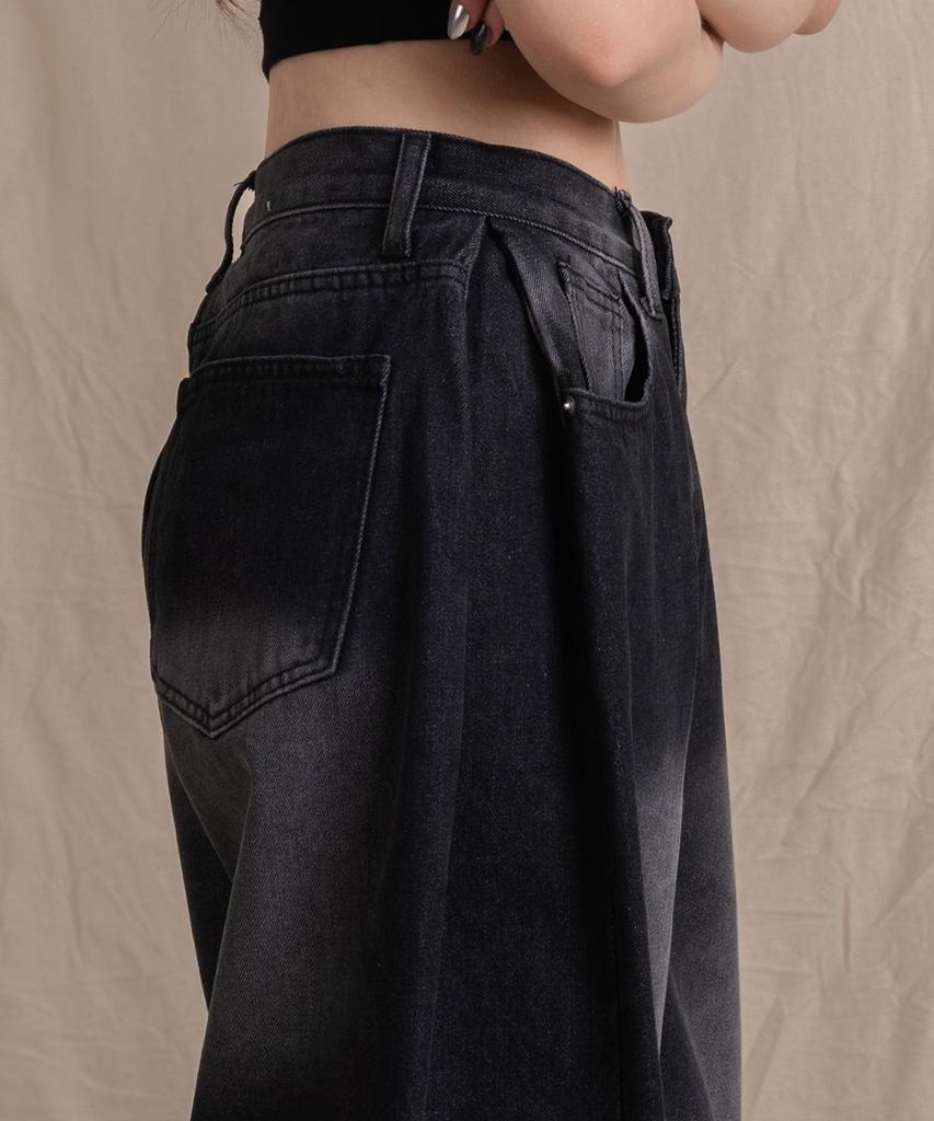 Ellamo 56_4 Women'S Side Pintuck Washed Wide Denim Pants (Basic/Long)_Dark Denim