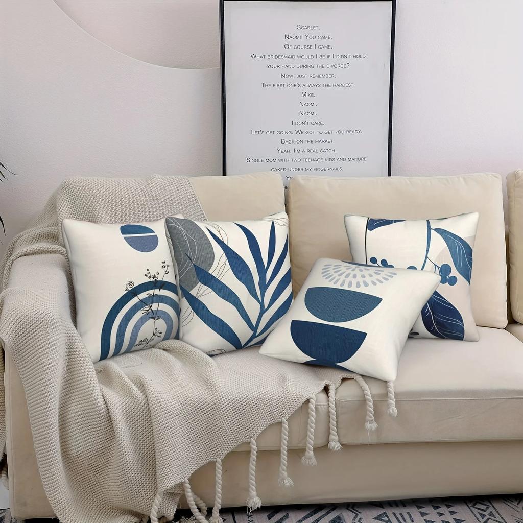 Home Decor Blue Geometric & Botanical Printed Pillow Covers Pattern Cushion Cover Suitable For Sofa Bedroom Car Pillow Cover