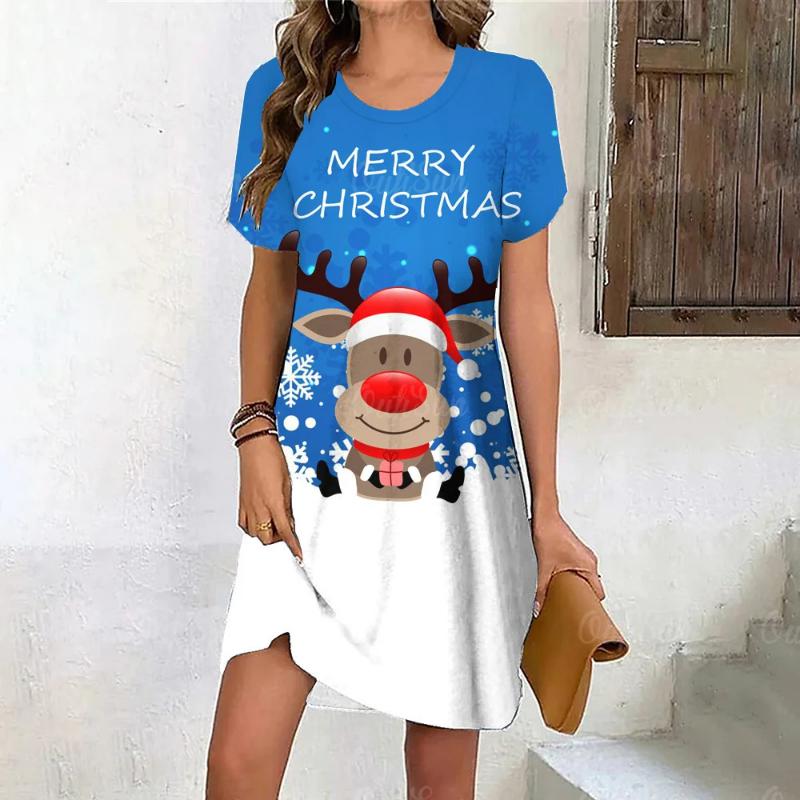 New Cartoon Moose Digital 3D Print Crew Neck Short-sleeve Pullover Stylish Casual Women's Dress