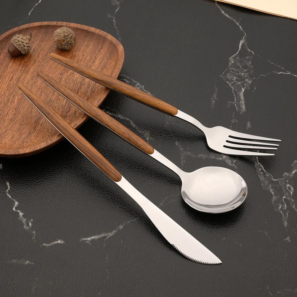 11Pcs Stainless Steel Imitation Wooden Handle Cutlery Set Dinnerware Clamp Western Tableware Knife Fork Tea Spoon Flatware Set