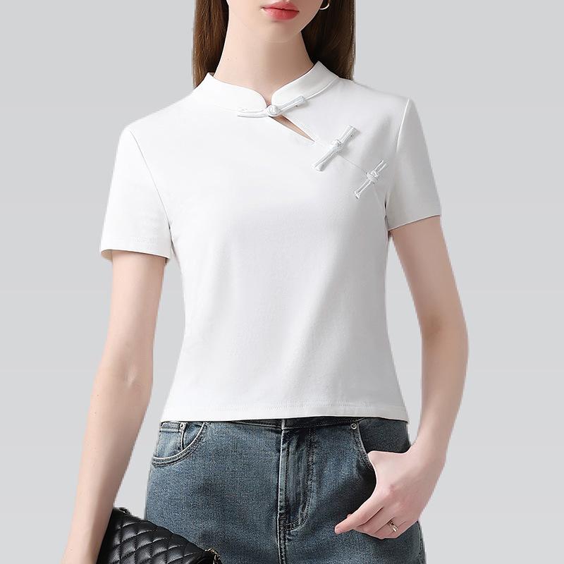 Top nou în stil chinezesc cu fentă asimetrică și guler înalt pentru vară, tricou nou de damă high-end retro în stil chinezesc cu mâneci scurte pentru femei