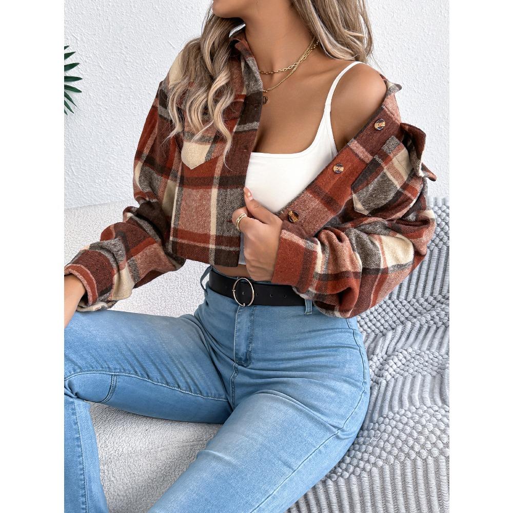 

Осенне-зимняя куртка с цветными блоками и клетчатым узором, с длинным рукавом, короткая, для женской одежды XL оранжевый