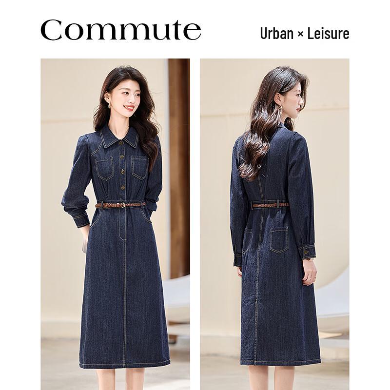 Women's Elegant Cotton Denim Midi Dress with Woven Belt