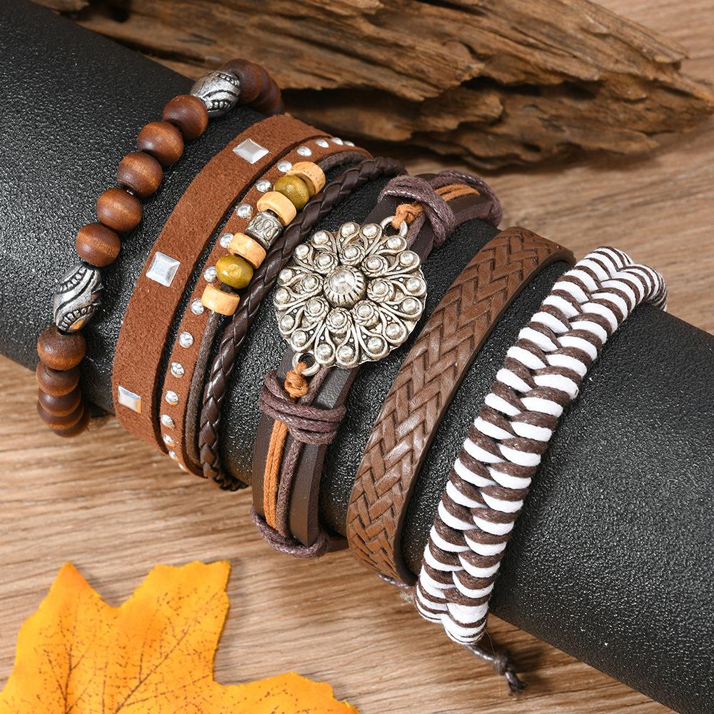 Leather Bracelets for Men Women Handmade Wrap Woven Cuff Bracelets Wooden Beaded Bracelets Vintage Ethnic Tribal Wristbands Bracelet Set Adjustable