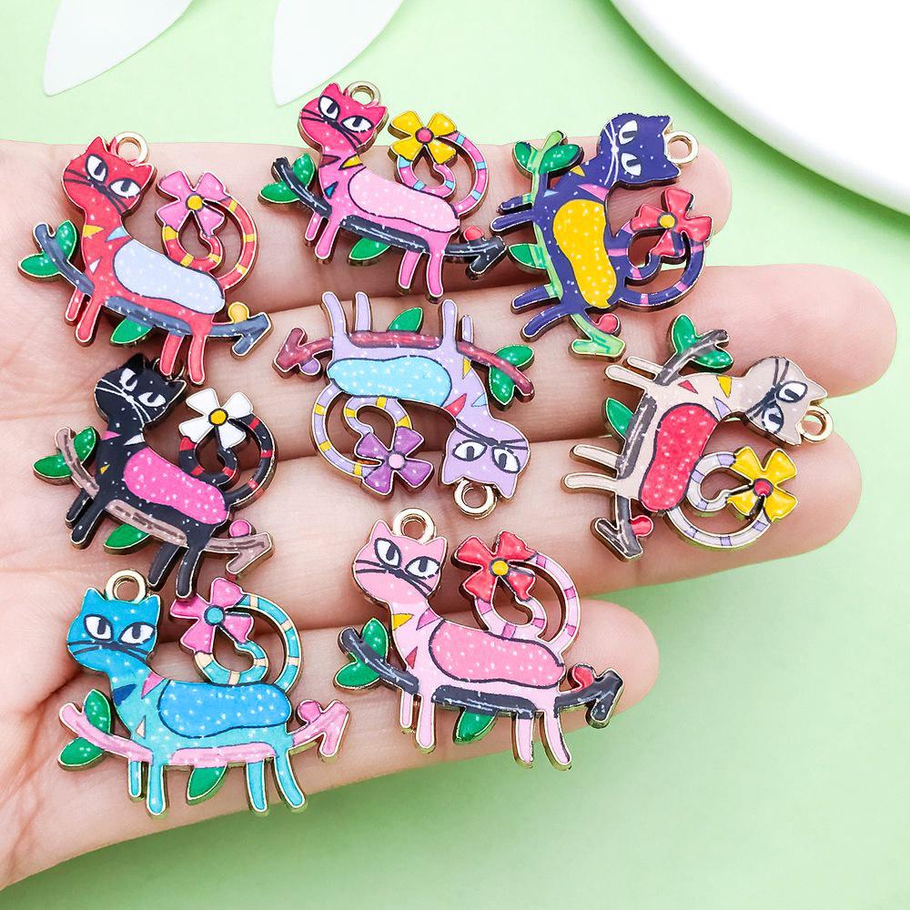 10 Colorful Enamel Alloy Cat Pendant Charms for DIY Jewelry