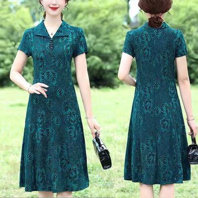 Women Long Dress Spring Fall V Neck Lapel Collar Floral Printed Short Sleeves A-line Middle-aged Ladies Female Knee Length Casual Midi Dress
