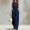 Women Solid Color Sleeveless Jumpsuit Round Neck Self Tie Belt Wide Leg Pants Casual Loose Fit Long Overalls