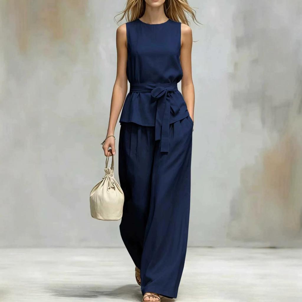 Women Solid Color Sleeveless Jumpsuit Round Neck Self Tie Belt Wide Leg Pants Casual Loose Fit Long Overalls