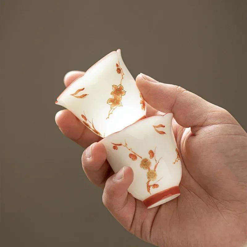 1 Pc Chinese Ceramic Teacup Master Handmade Suede Jade White Porcelain Tea Bowl Hand-Painted Bird Tea Cup Household Tea Set