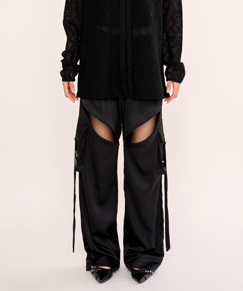 FANYOUNG Zip Slit Satin Wide Cargo Pants