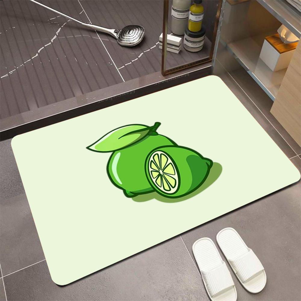 Hellgrüne Basis Cartoon Limette Kieselalgen Badematte, Geschnittene Zitrusfrucht mit Blatt Rutschfester Schnelltrocknender Teppich für Badezimmer Eingang Heimdekoration