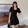 Summer Short Dress Solid Color Square Neck Waist Thin Bubble Sleeve Irregular Pleated Short Sleeve Dress