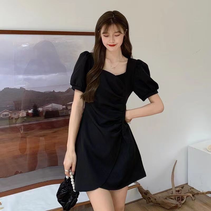 Summer Short Dress Solid Color Square Neck Waist Thin Bubble Sleeve Irregular Pleated Short Sleeve Dress