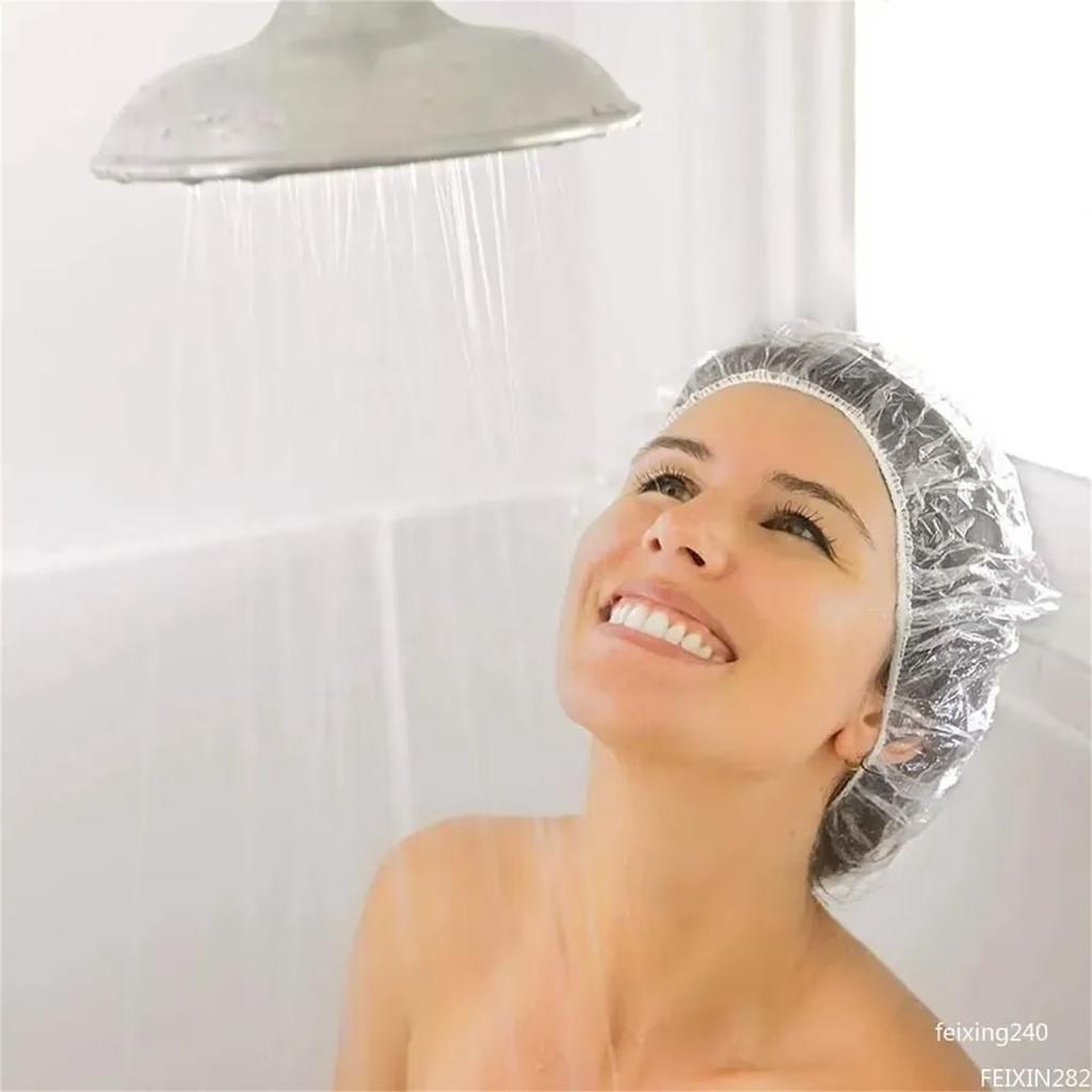 100 Pack Disposable Shower Caps Thickened Waterproof Elastic Hair Covers for Women Clear Plastic Large 15 Inch Bath Caps