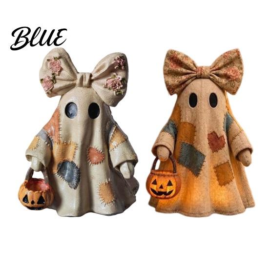 Glowing Ghost Decor Halloween Lighted Patchwork Figurine Light-Up Bow with Pumpkin Vintage Figurine Lantern Ghosts Lamp Decoration for Holiday Party