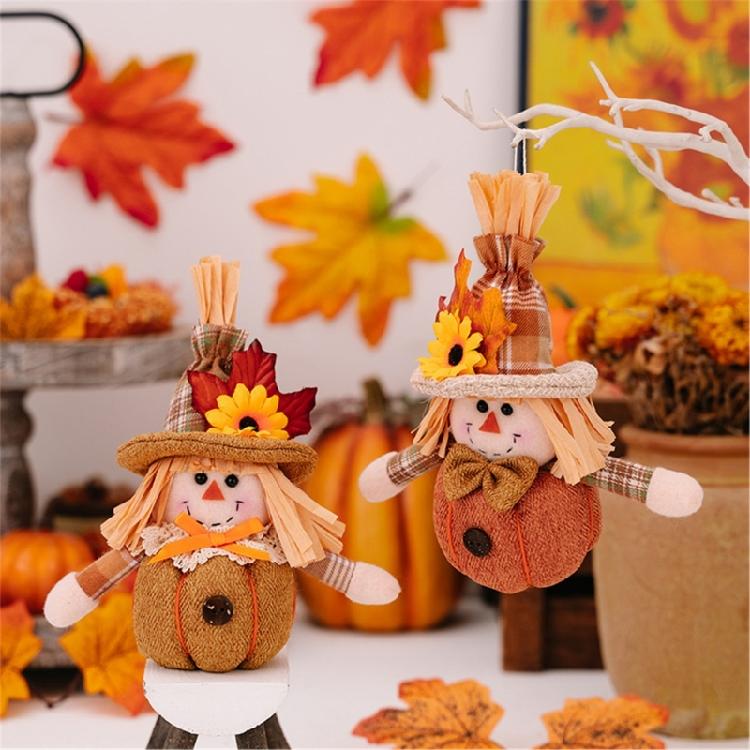 Flower and Leaf Autumn Scarecrow Plush Dolls Thanksgiving Harvest Holiday Hanging Ornament Decors for Home and Office