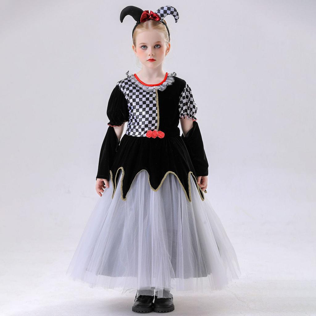 120-150cm Kinder Poker Dame Schwarz Weiß Kariert Clown Prinzessin Rock Halloween Kostüm