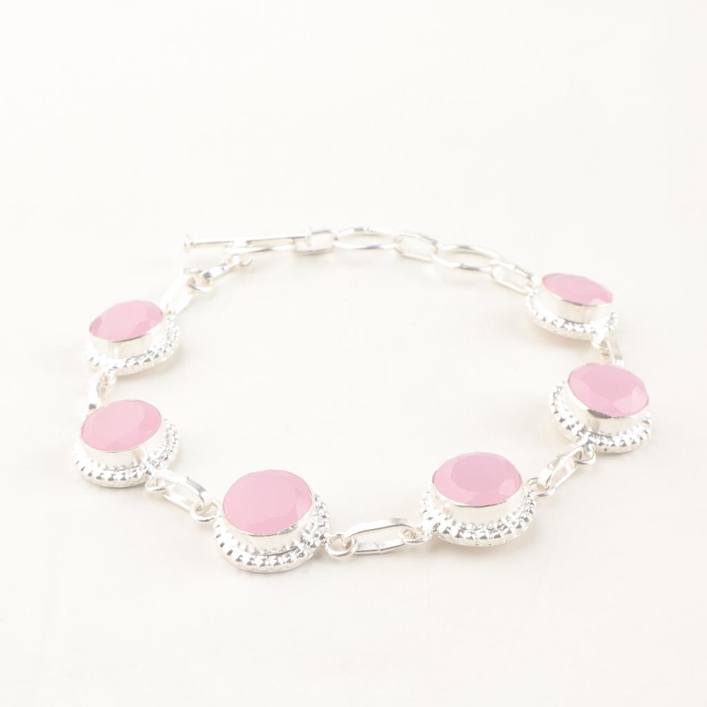 Rose Chalcedony Gemstone 925Sterling Silver Jewelry Handmade Chain Bracelet 9" RB-9-17
