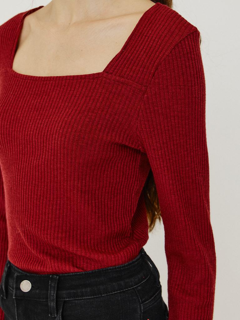 Leusejiem Square Neck Ribbed Long Sleeve Knit - 4 Colors