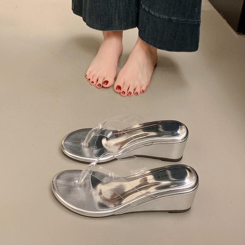 New Summers Wedges Heel Women's Slipper Fashion PVC Transparen Clip Toe High Heels Party Dress Slides
