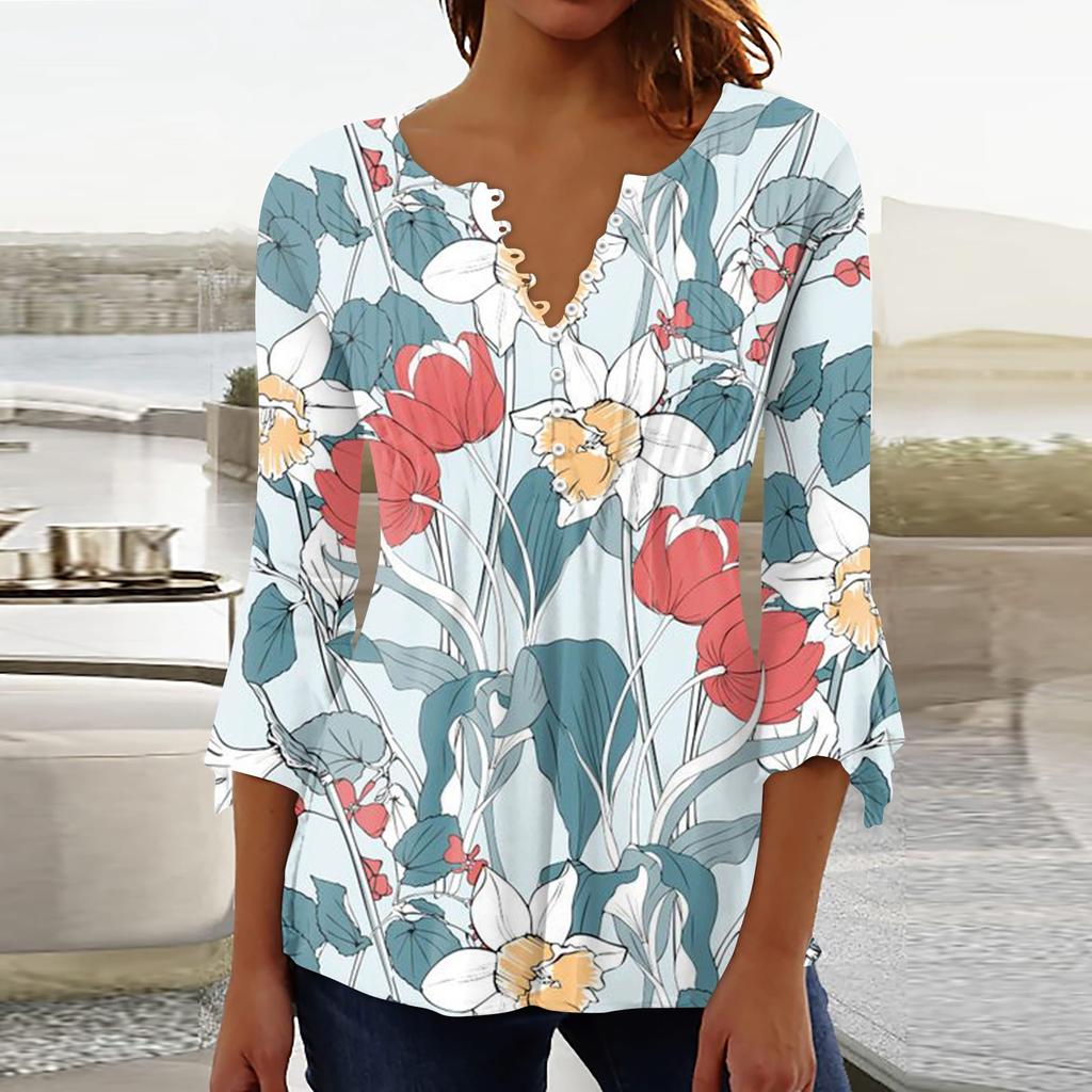 Button-Down-Hemden für Damen, bedruckte Tunika, Sommer-Oberteile, elegante, lässige Glocke, 3/4-Ärmel, V-Ausschnitt, Frühlingsblusen