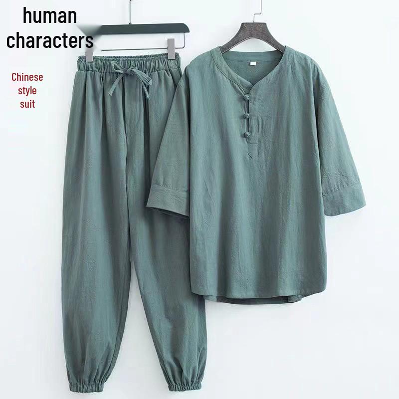 Herren Sommer Chinesischer Stil Baumwolle-Leinen Tang Anzug: Froschknopf Halbarm Set