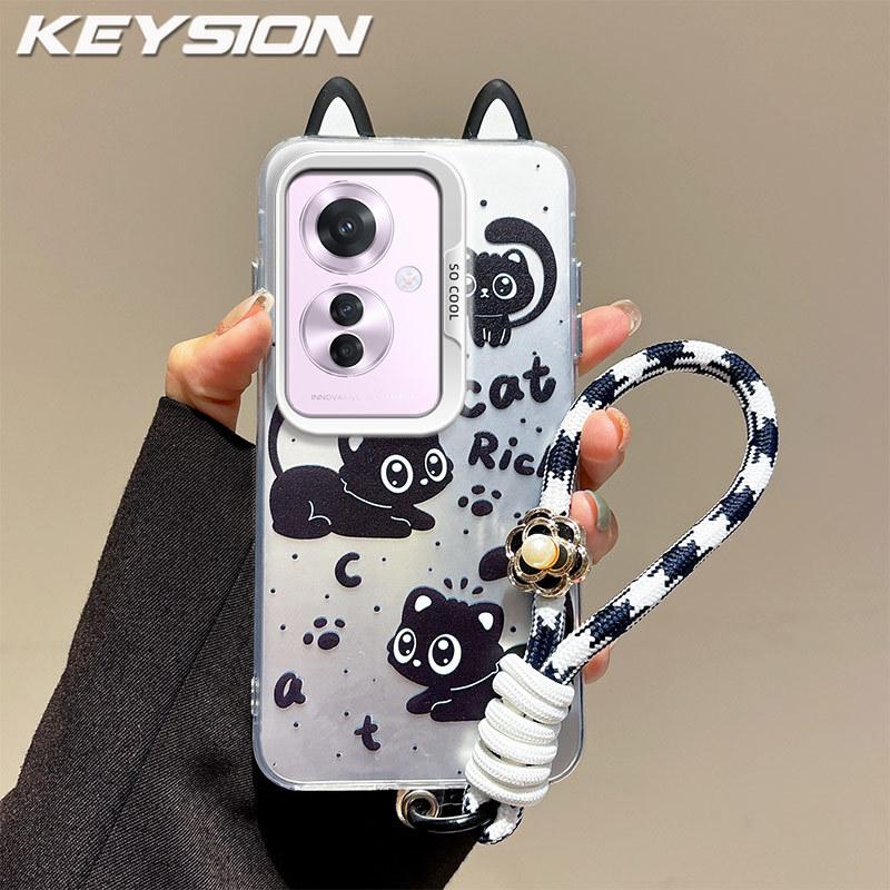 KEYSION Cute Ear Cartoon Case for OPPO Reno11 F 5G with Lanyard Soft Silicone+PC Shockproof Phone Back Cover for OPPO Reno 11F 5G