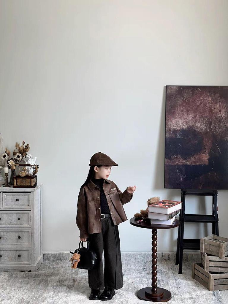 Girls' 2024 Autumn/Winter Sweet Retro Leather Jacket & Sweater Set with Wide-Leg Pants