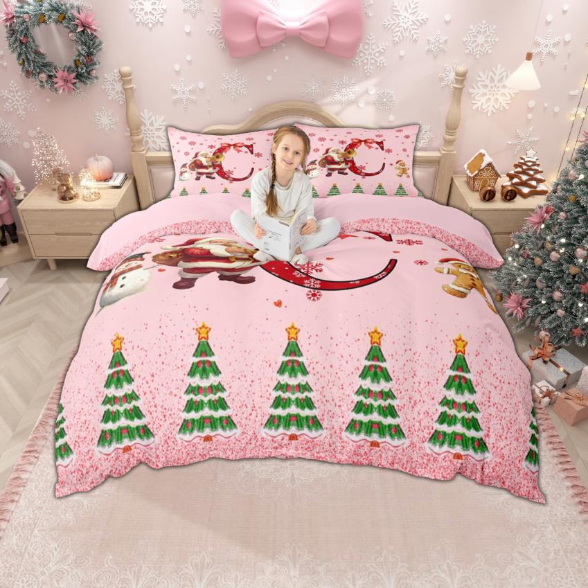 Homewish Xmas Monogrammed Duvet Cover Set For Boys Girls Christmas Santa Claus Bedding Set Girls Pink Snowflakes Quilt Cover