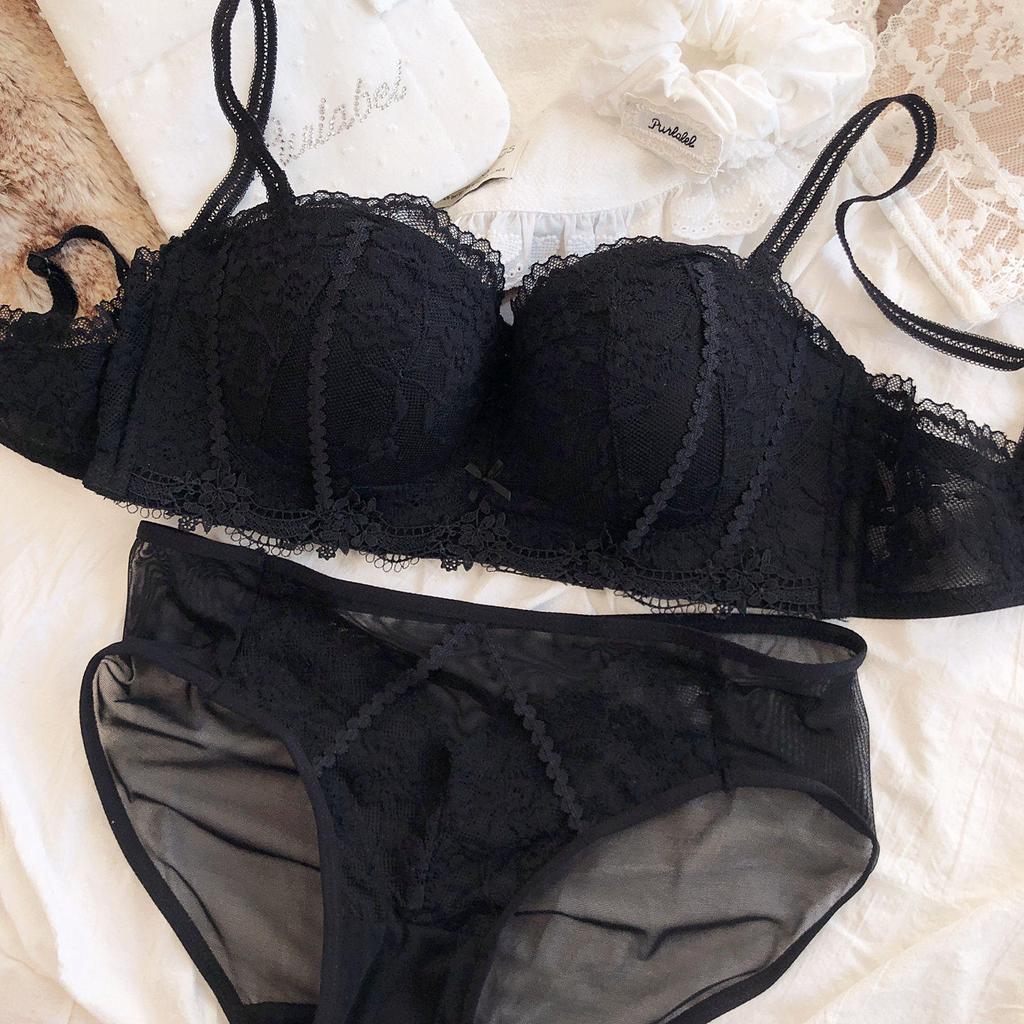 Sexy Lace Flowers Embroidery Underwear Set for Women Comfort Thicken Cup Push Up Bra Detachable Strap Top Bralette Lingerie Sets