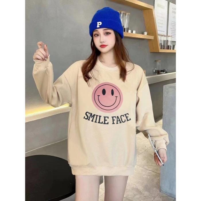 Smiley face print long-sleeved crew neck sweater women's loose casual large size simple and cute age-reducing women's
