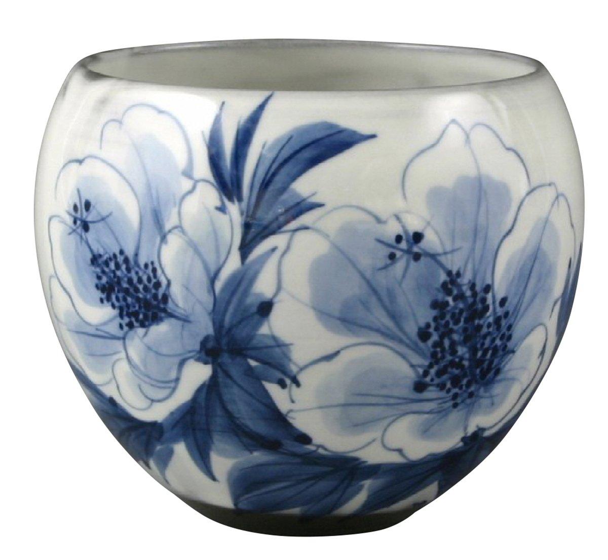 Керамическая чашка для чая Кё-яки Киёмидзу-яки, Белая, Диаметр 9 см, Печь Тоан, Дизайн с сине-белым гибискусом, В подарочной упаковке, ask-08