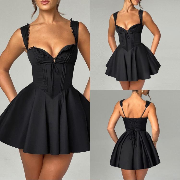 Tief ausgeschnittenes rückenfreies Mini-Korsettkleid für Damen mit Rüschensaum, ärmellos, A-Linie, Party-Club-Kleid