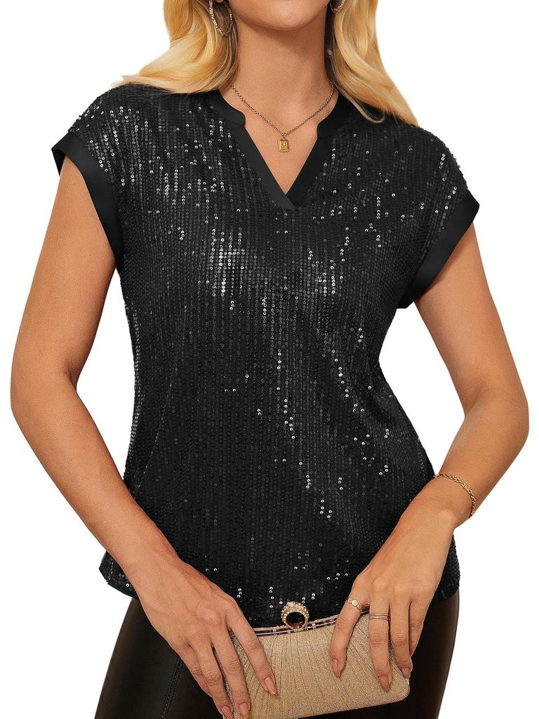 Women's Summer New Fashion Shiny Sequins V-Neck Short Sleeve Party Top Blouse for Women