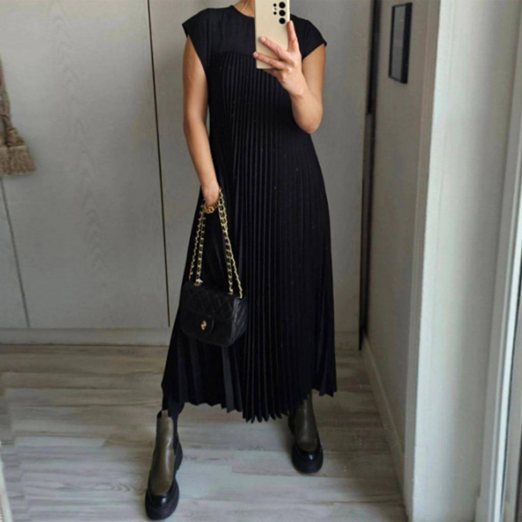 Dress Women's Fashionable Round Neck Sleeveless Pleated Long Dress