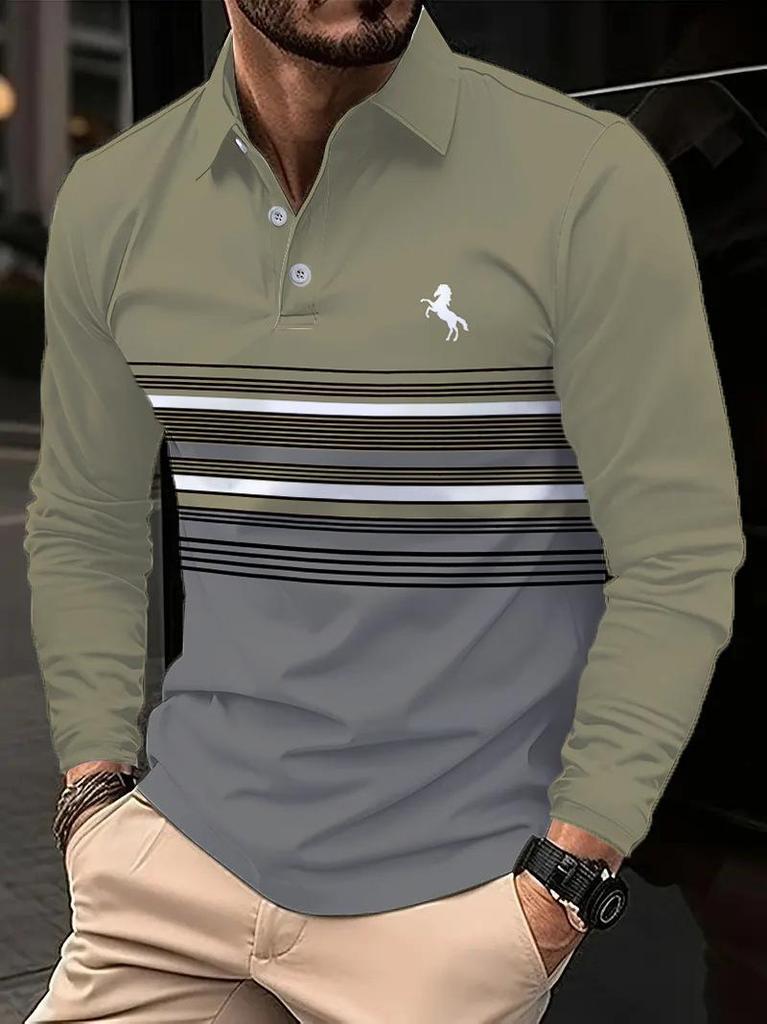European & American Men's Striped Digital Print Polo Shirt - Business Casual, Spring/Autumn Collection