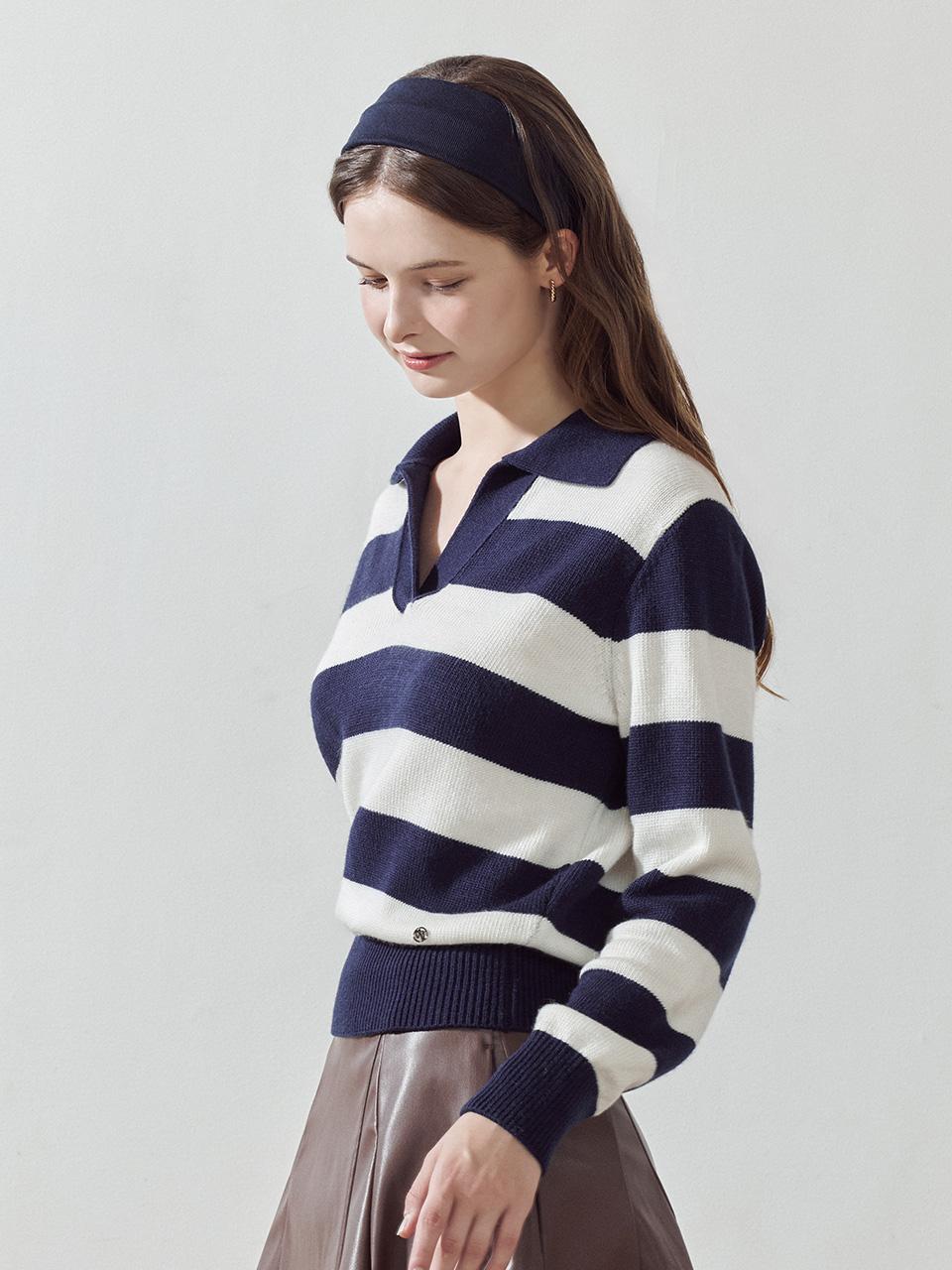 Road Roar Signature Bold Stripe Collar Long Sleeve Knit Navy Navy/M