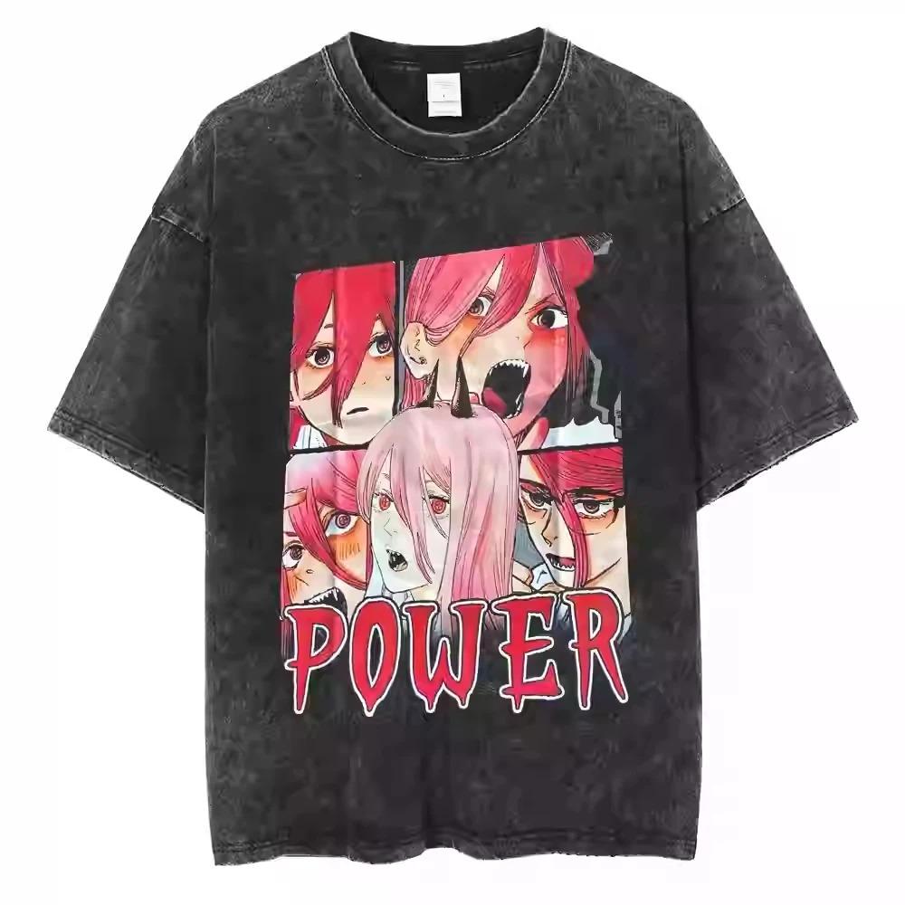 Chainsaw Man Power  Blood Fiend  Comic Panel Expression Vintage Washed Oversized Black T-Shirt | Dark Shonen Anime Fan Merch Tee L