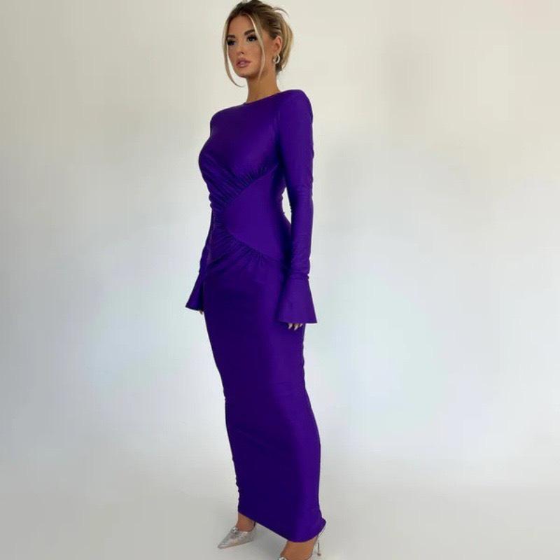 2025 Autumn Ruched Flare Sleeve Slim Fit Dress with Waist-Defining and Hip-Hugging Silhouette