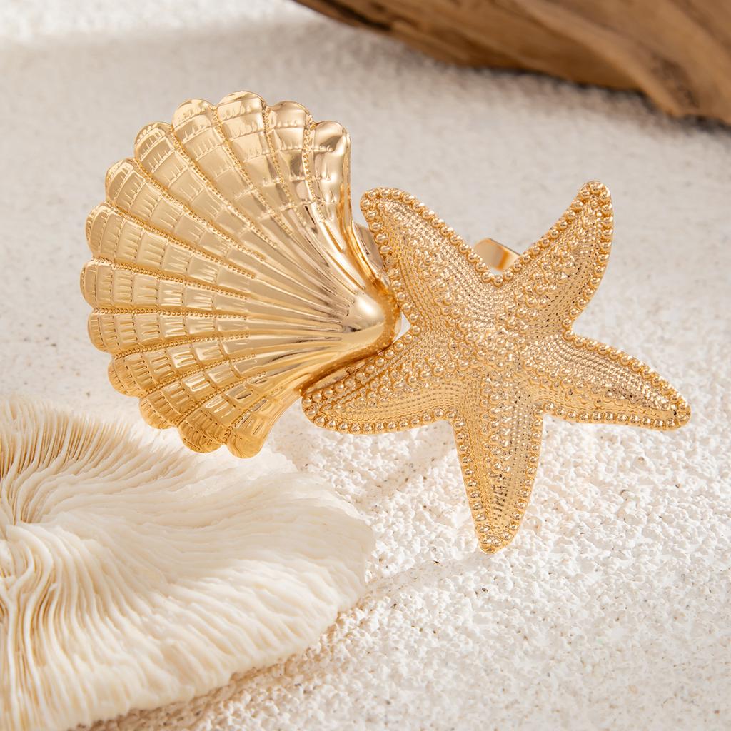 Hip Hop Large Starfish Scallop Open Cuff Bangles for Women Adjustable Exaggerated Wide Gold Color Upper Armband Bracelets Femme Aesthetic Jewelry