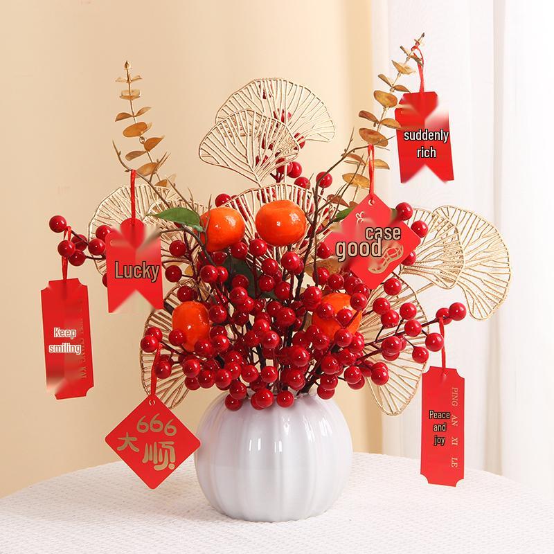 Luxurious Chinese-Style Pomegranate Fruit Arrangement: Faux Red Berries & Flowers for Living Room or Restaurant Decor
