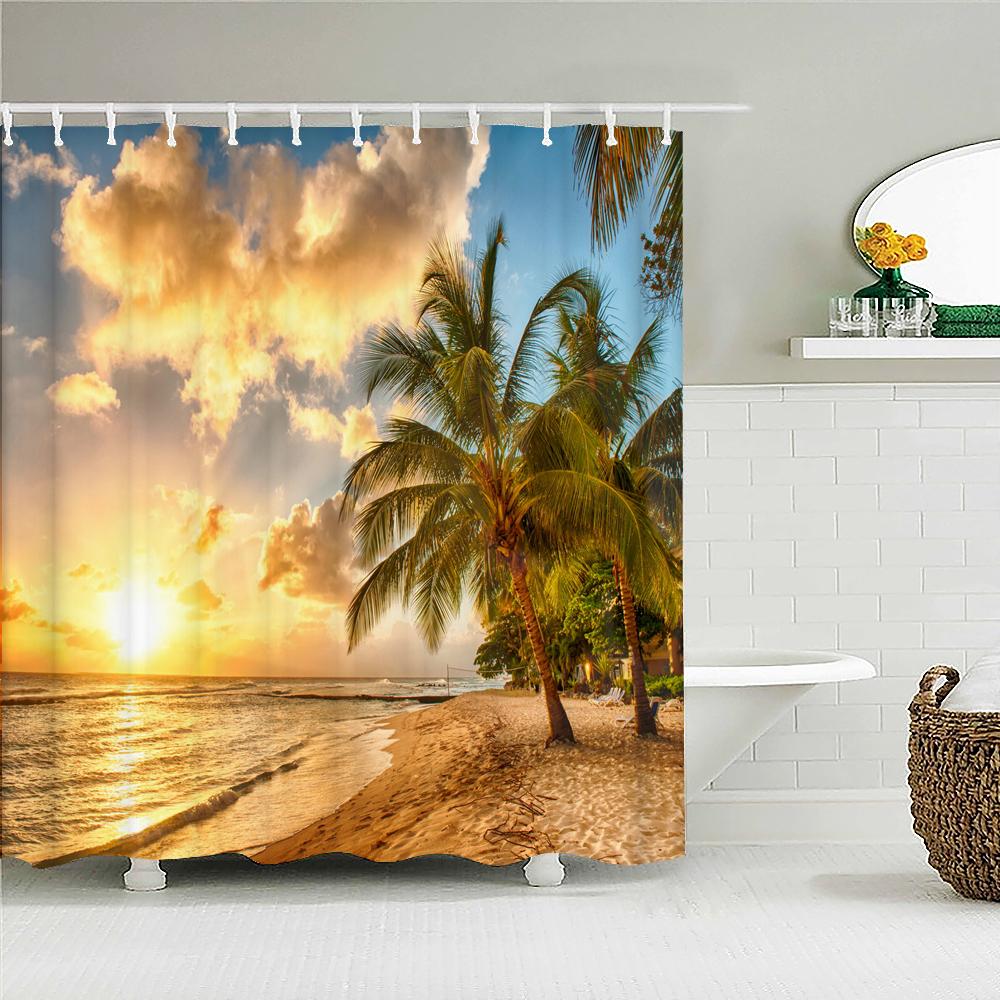 Sunset Dusk Beach Palm Tree Seaside Scenery Fabric Shower Curtain Waterproof Bath Curtains For Bathroom Decorate With 12 Hooks
