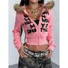 Sweat à capuche oversize court pour femme avec bordure marron pelucheuse Streetwear Pull
