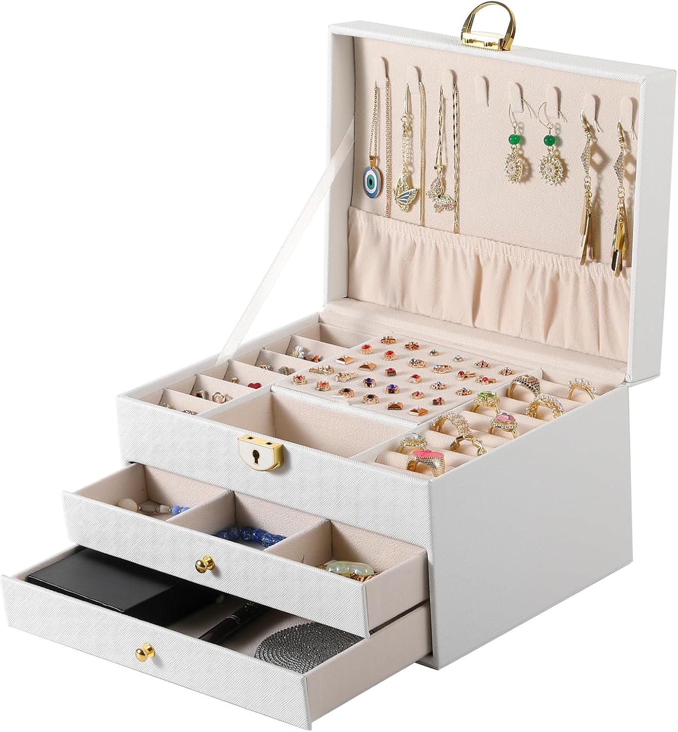 

3-layer jewelry box with drawer lockable jewelry rack storage large velvet earring organizer for women белый