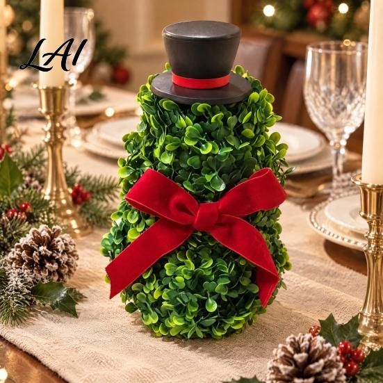 Artificial Snowman Topiary Tree with Red Bow & Santa Hat for Indoor Outdoor Christmas Porch Decorations Holiday Decoration Realistic Plastic Potted