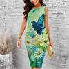 Women Plus Size Crew Neck Sleeveless Midi Dress Oil Painting Style Daisy Butterfly Floral Print Bodycon Dress