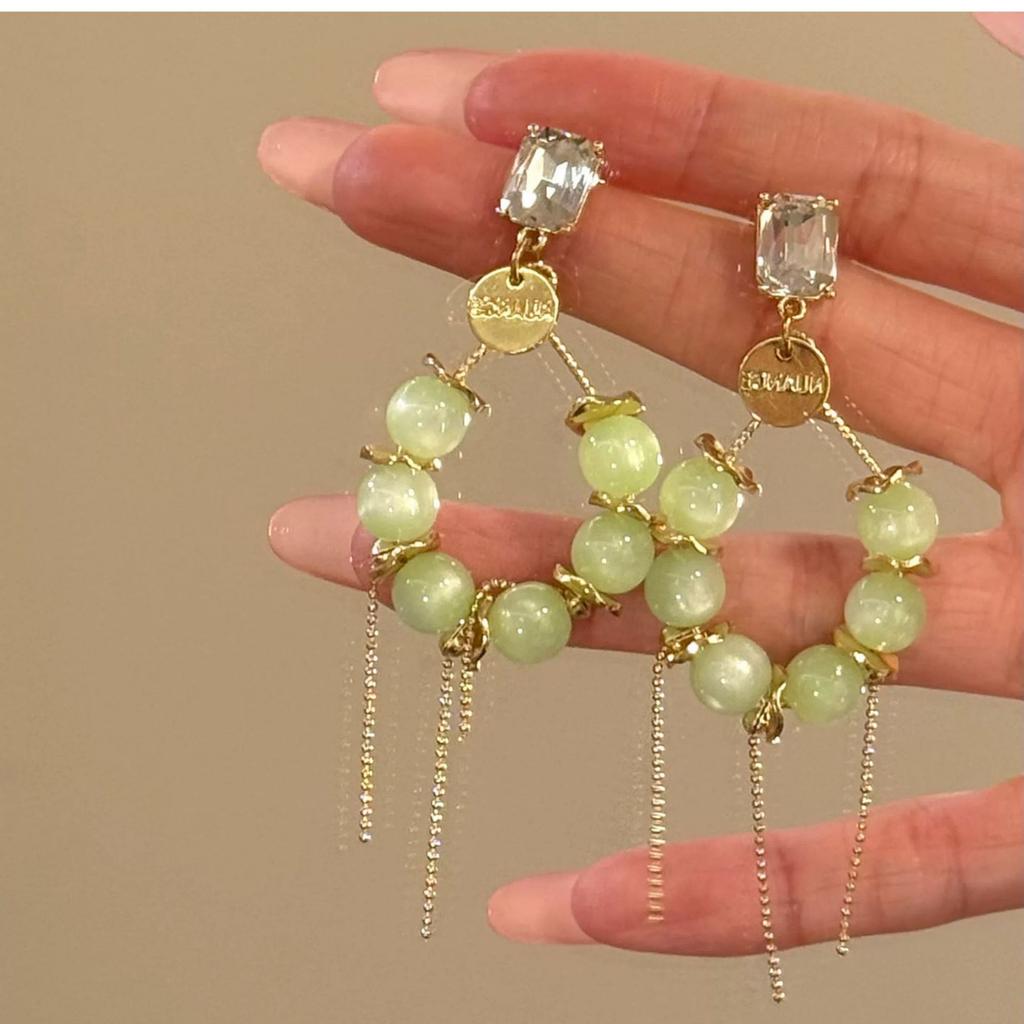 Vintage Green Drop Rhinestone Tassel Earrings for Women Fashion Light Luxury Commuter Jewelry