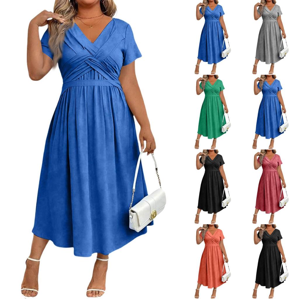 Women's Plus Size Casual Loose Fit V Neck Short Sleeve Long Dress With Pockets