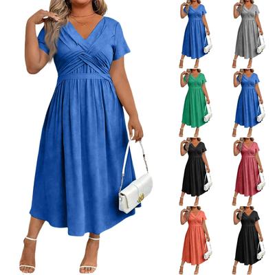 Women's Plus Size Casual Loose Fit V Neck Short Sleeve Long Dress With Pockets